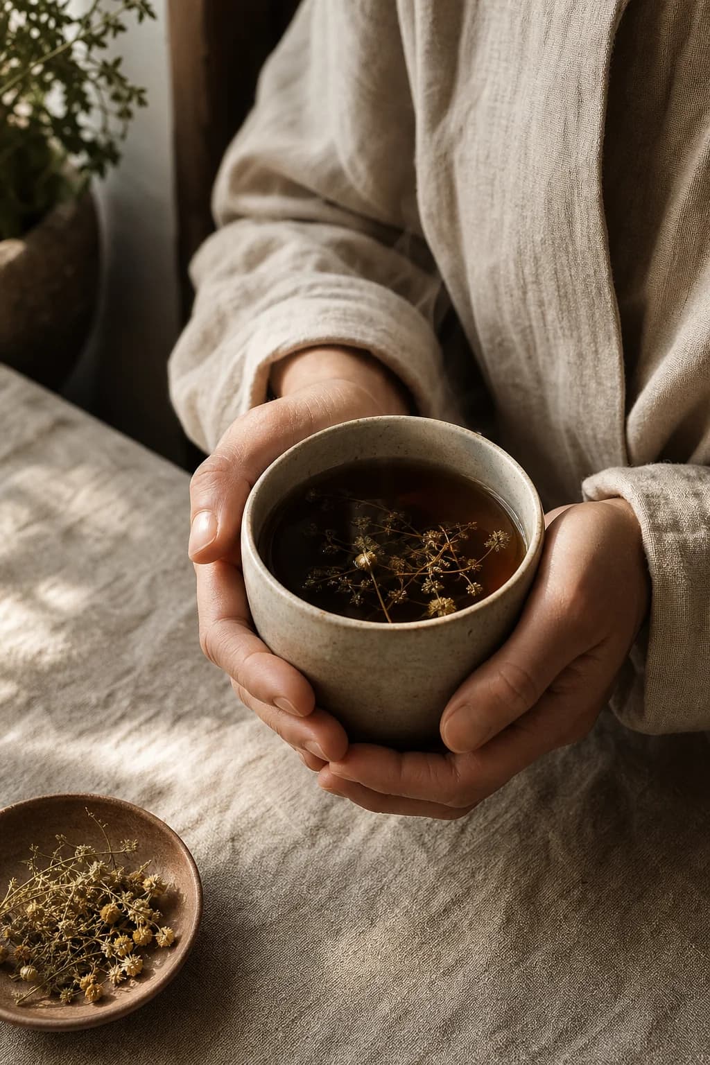 A quiet morning moment with a warm cup held in both hands