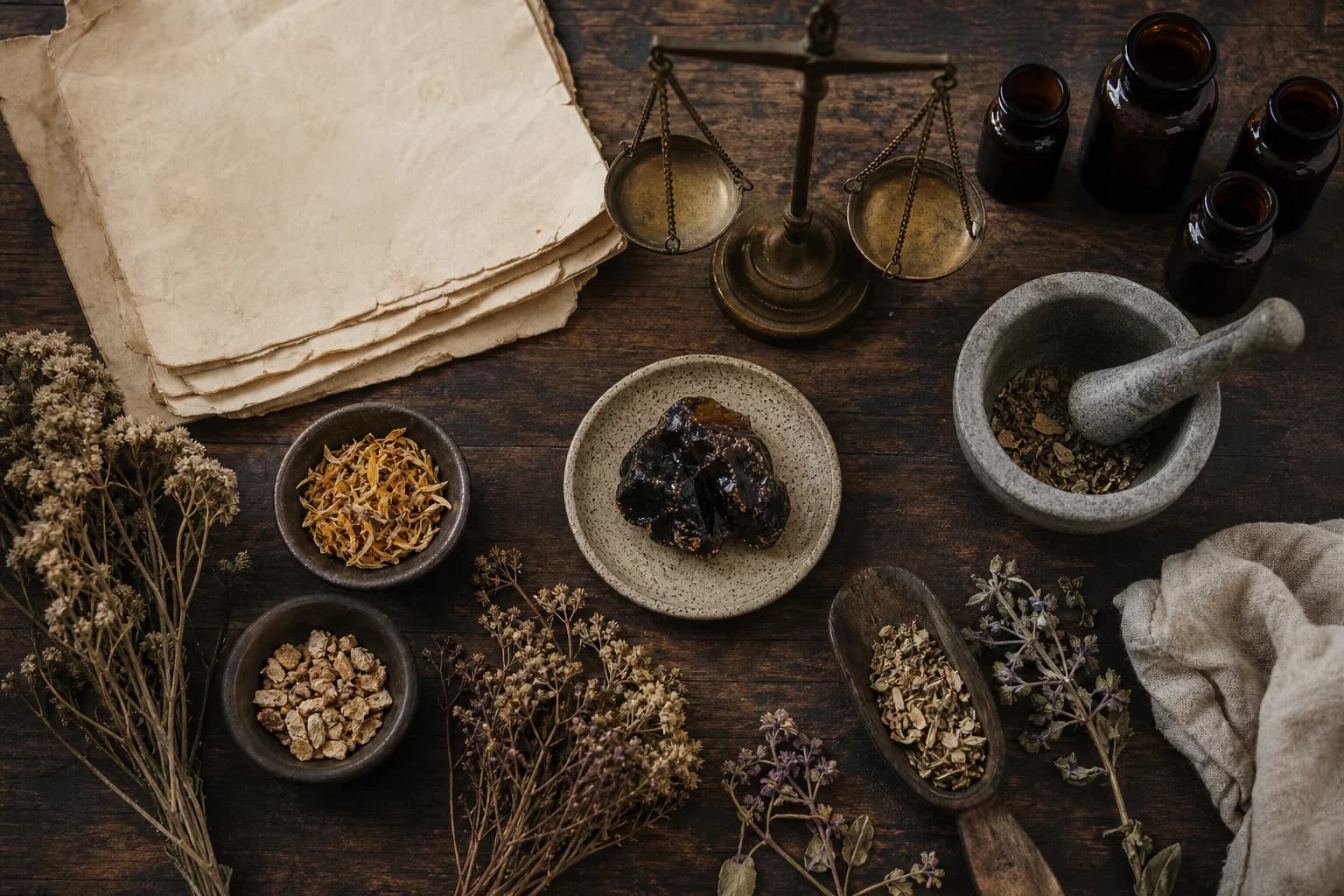 An apothecary bench with amber jars and a mortar