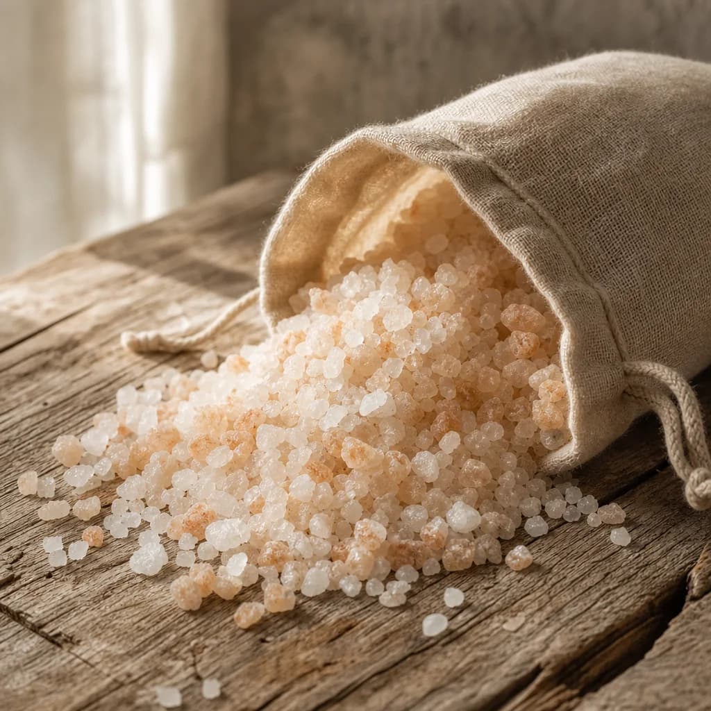Mineral bath salts spilling from a linen pouch