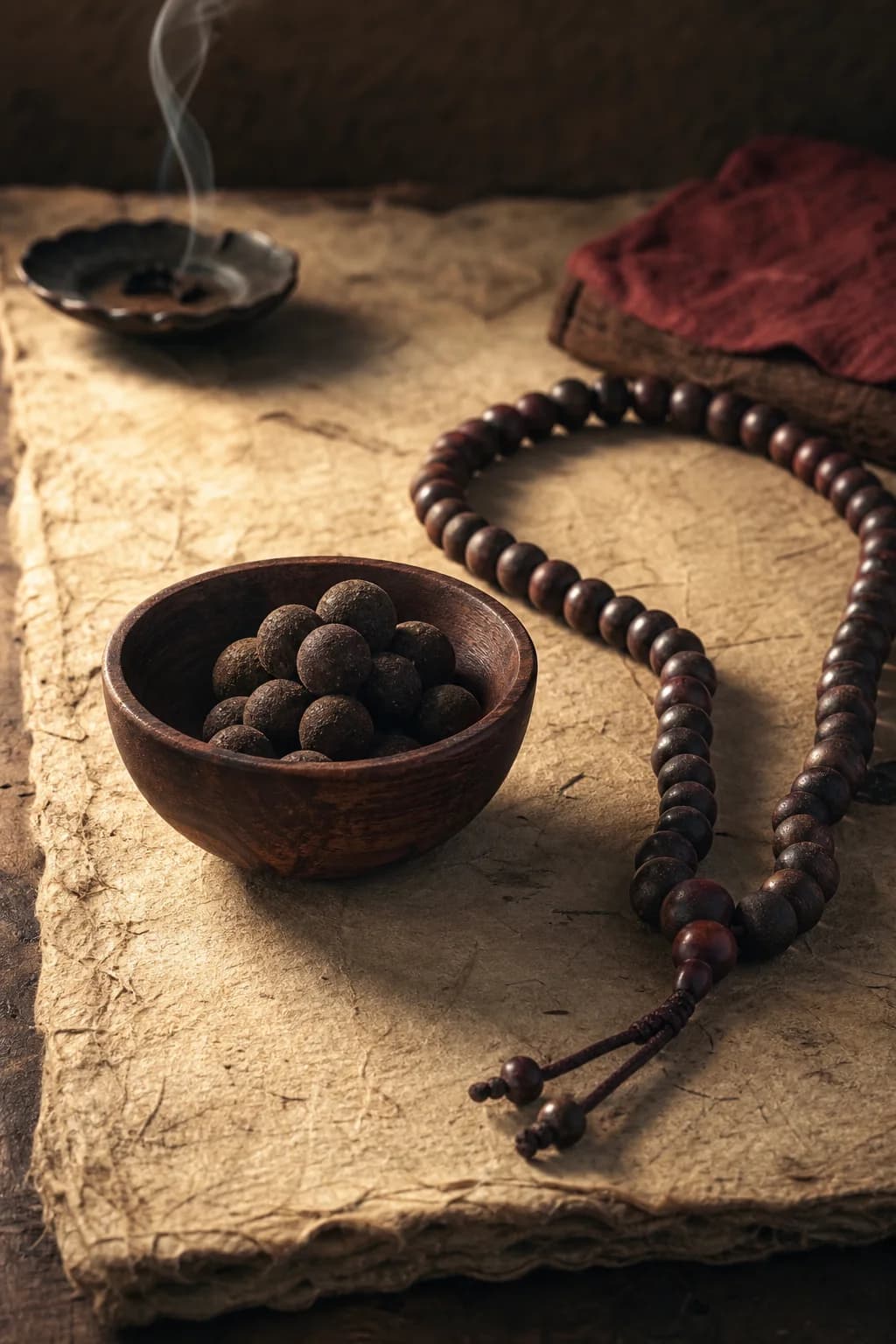 Wooden prayer beads and incense beside a small bowl